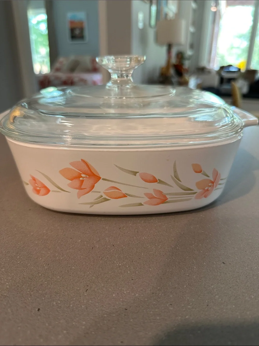Corningware White Casserole Dish with Peach Floral Design and Pyrex Glass Lid
